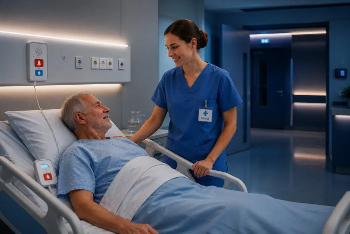 Sestra pri lôžku pacienta so systémom privolania sestry Nurse Call